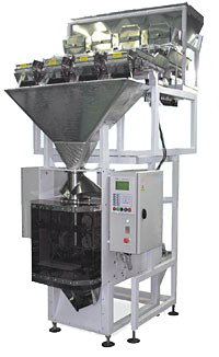 Весовой упаковочный автомат (машина) для фасовки крупнокусковых продуктов с повышенной производительностью и с повышенной точностью МДУ-НОТИС-01М-420-4Рч-2К-МП